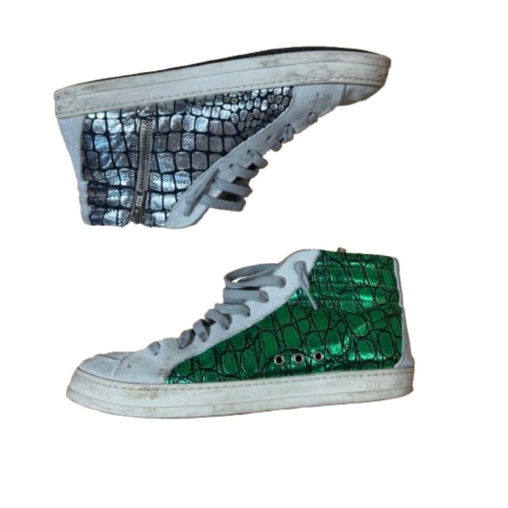 P448 Skate High Top Sneakers Silver & Green Faux Snakeskin Pattern Size 39 / 9